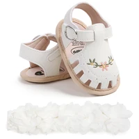 2pcs Baby Girls With Flower Decor Soft Sole Anti Slip First Walker Shoes Prewalker Shoes Summer & Headband For Newborn Infant 4