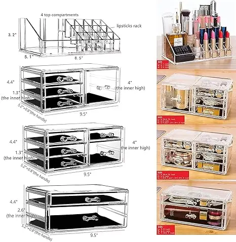 Set of 4 clear stackable organizers. 11 drawers total for cosmetics or skincare. Vanity-friendly design. 6