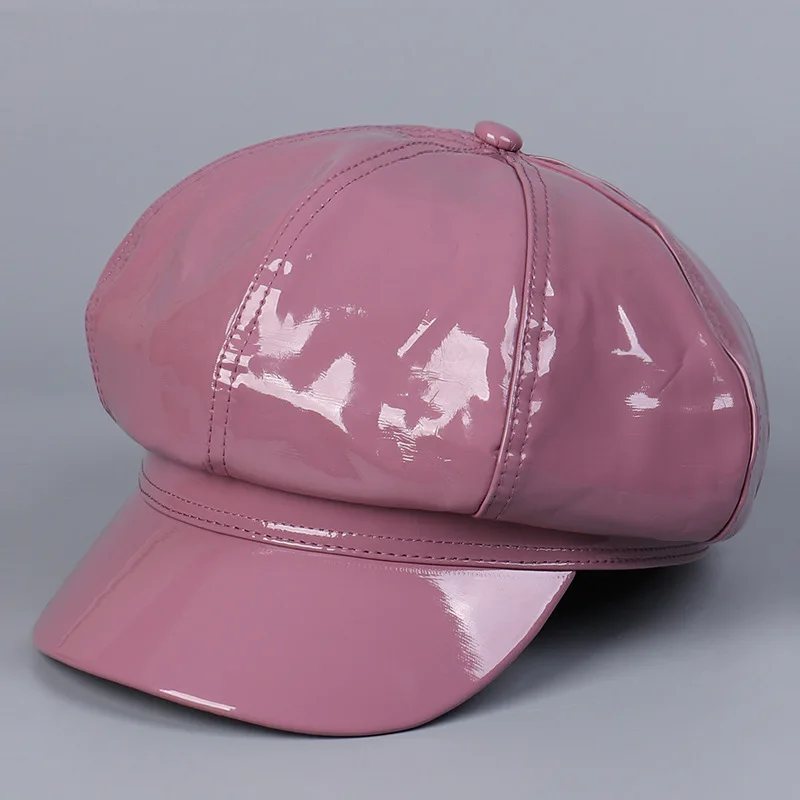 Women Solid Winter Cap Faux Leather Newsboy Hat Flat Hat Cabbie Beret Lady Fashion Octagonal