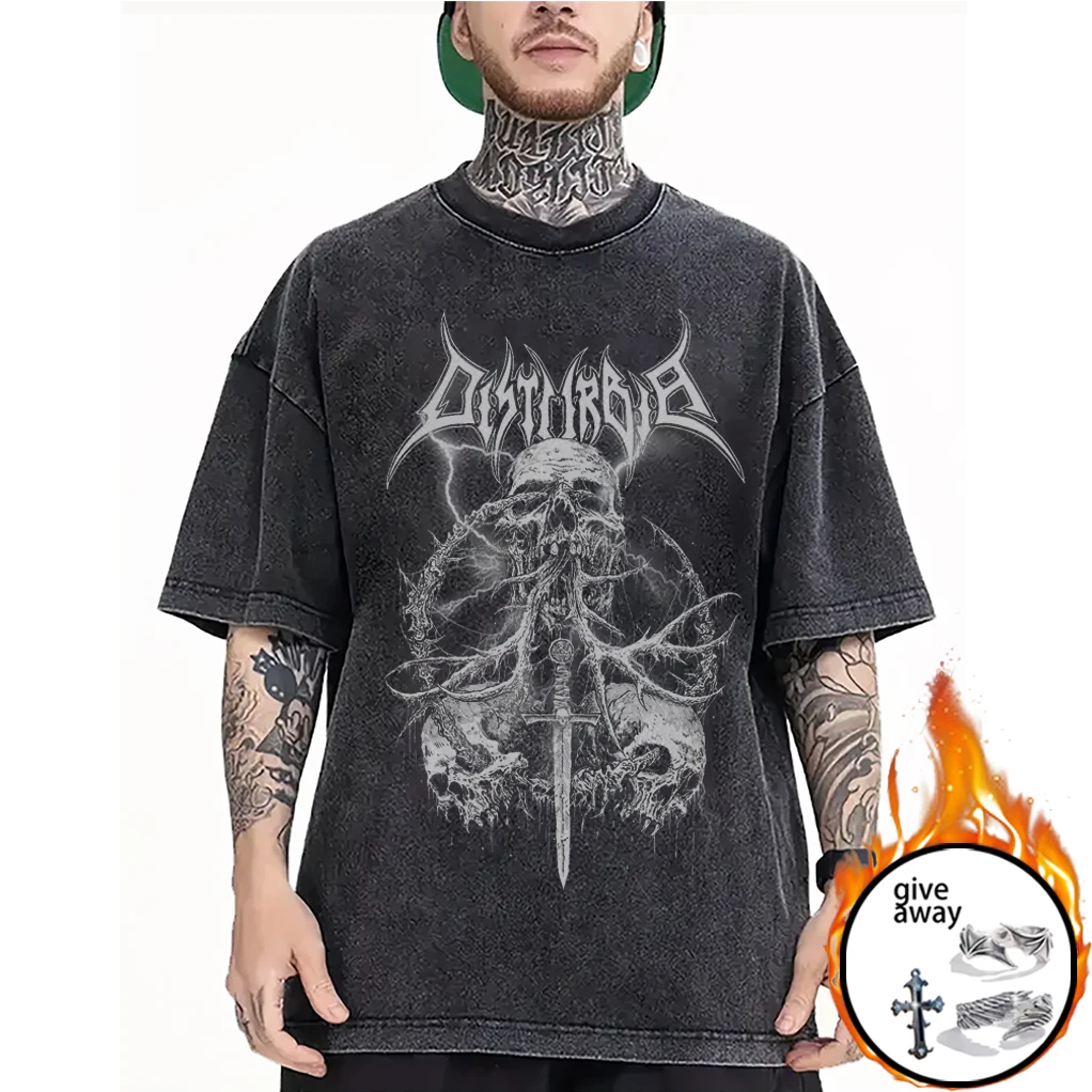 

Black summer men's skull T-shirt printed loose custom oversized domineering illustration printed T-shirt