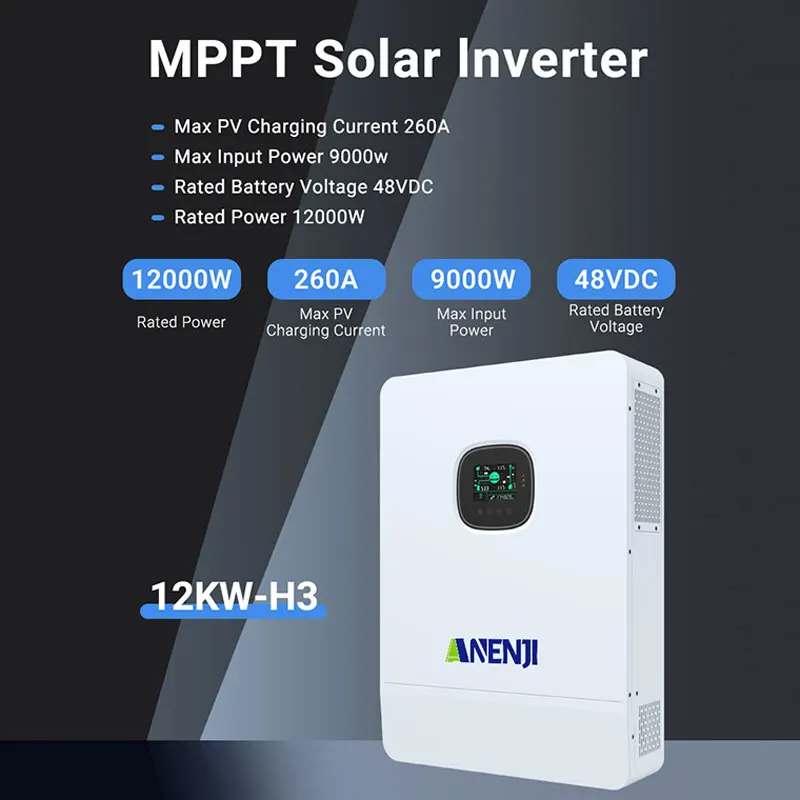 ANENJI 12KW 하이브리드 태양광 인버터, 병렬 3상 230/400VAC PV 800VDC 최대 출력, 내장형 듀얼 MPPT 260A 태양광 충전 컨트롤러