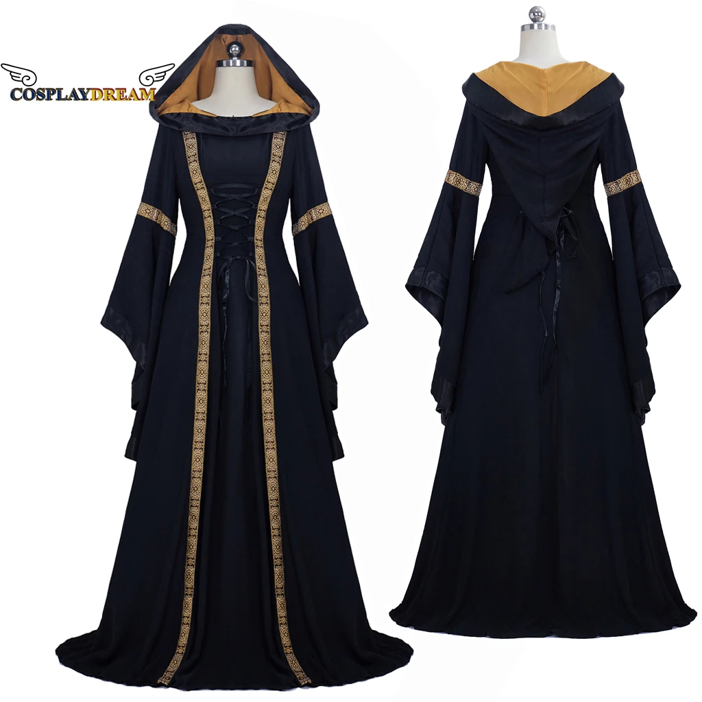 

Medieval Renaissance Cosplay Dress Vintage Gothic Bandage Dress Flare Sleeve Floor Length Goth Vampire Witch Dresses Plus Size