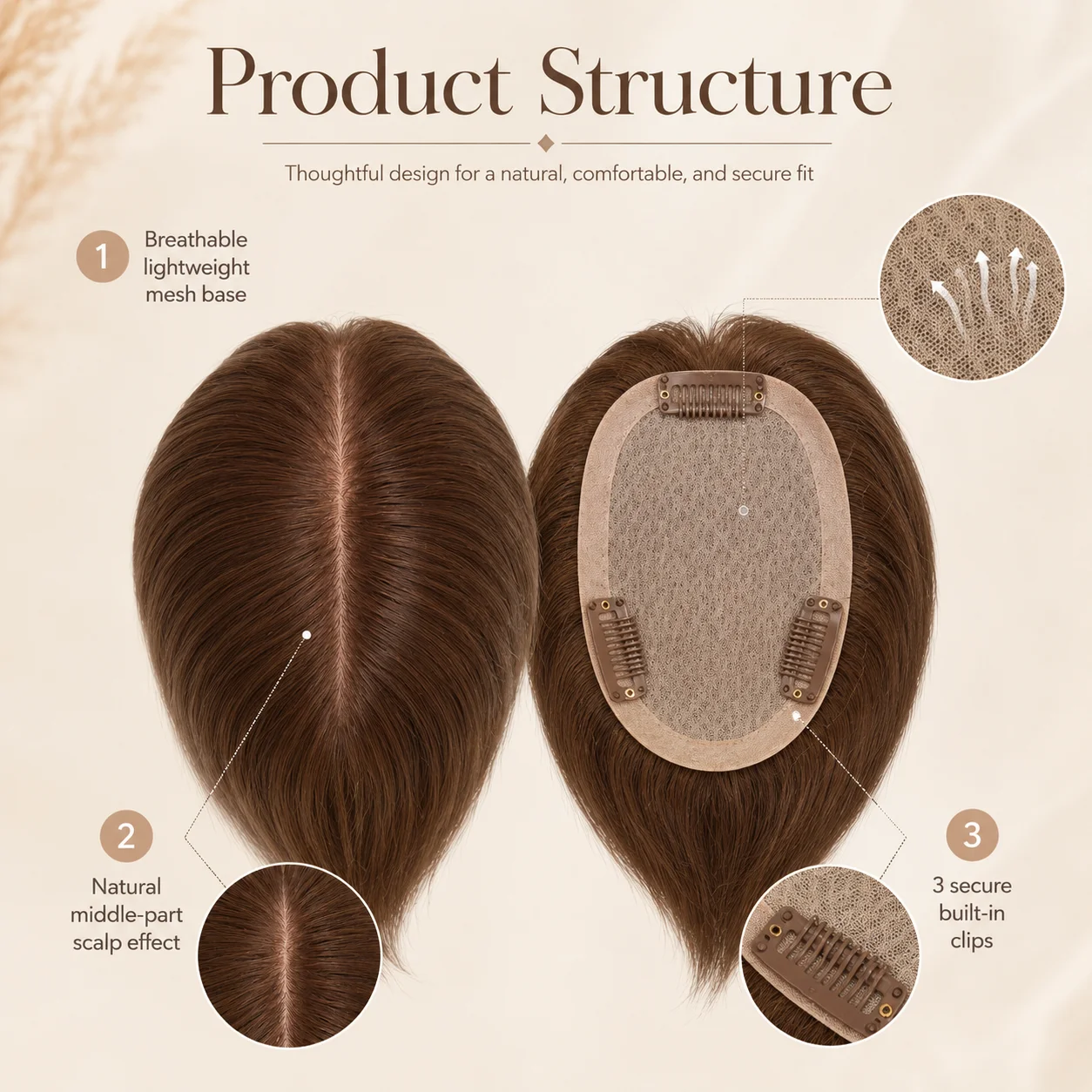 Topper per capelli umani con base in seta per donne con capelli diradati, dall'aspetto naturale, in capelli umani vergini - immagine 2