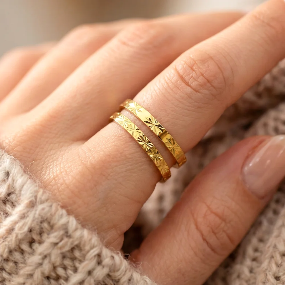 Stainless Steel Rings For Women Golden Stackable Starburst Textured Pattern Minimalist Delicate Finger Tail Joint Jewelry