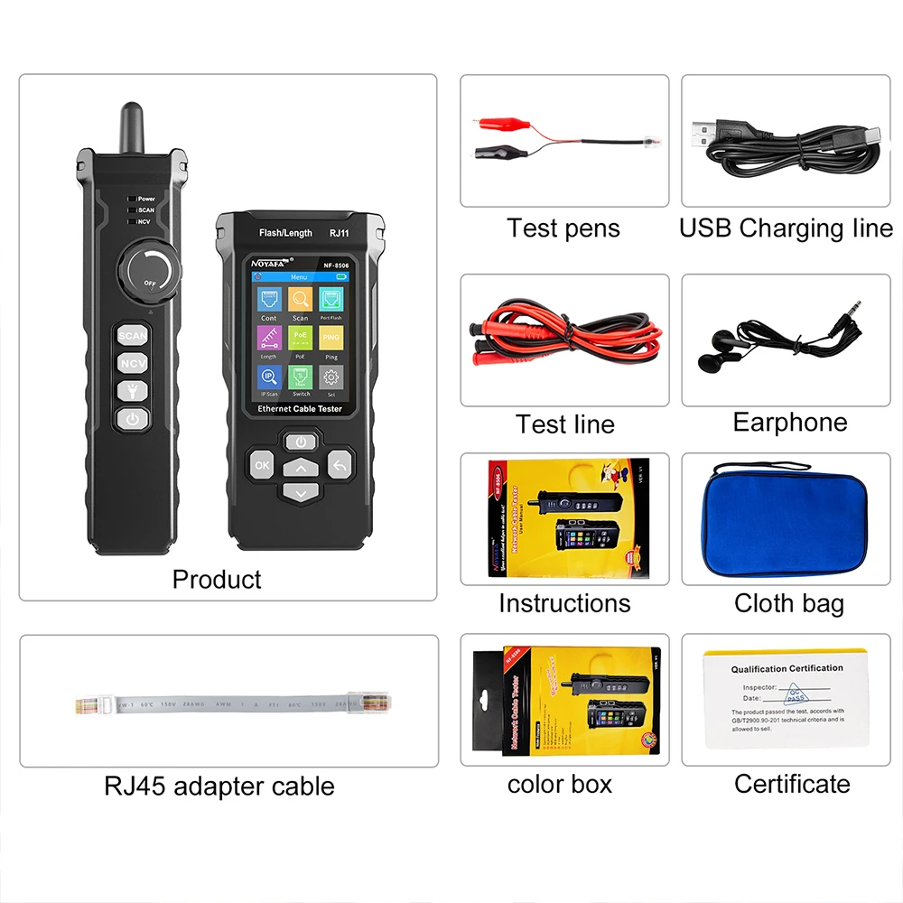 NOYAFA-Network Cable Tester, Network Cable Tester, Suporta PING Test, IP Scan, Network Port Speed, Multifunction Cable Tracker, Finding Tool, NF-8506