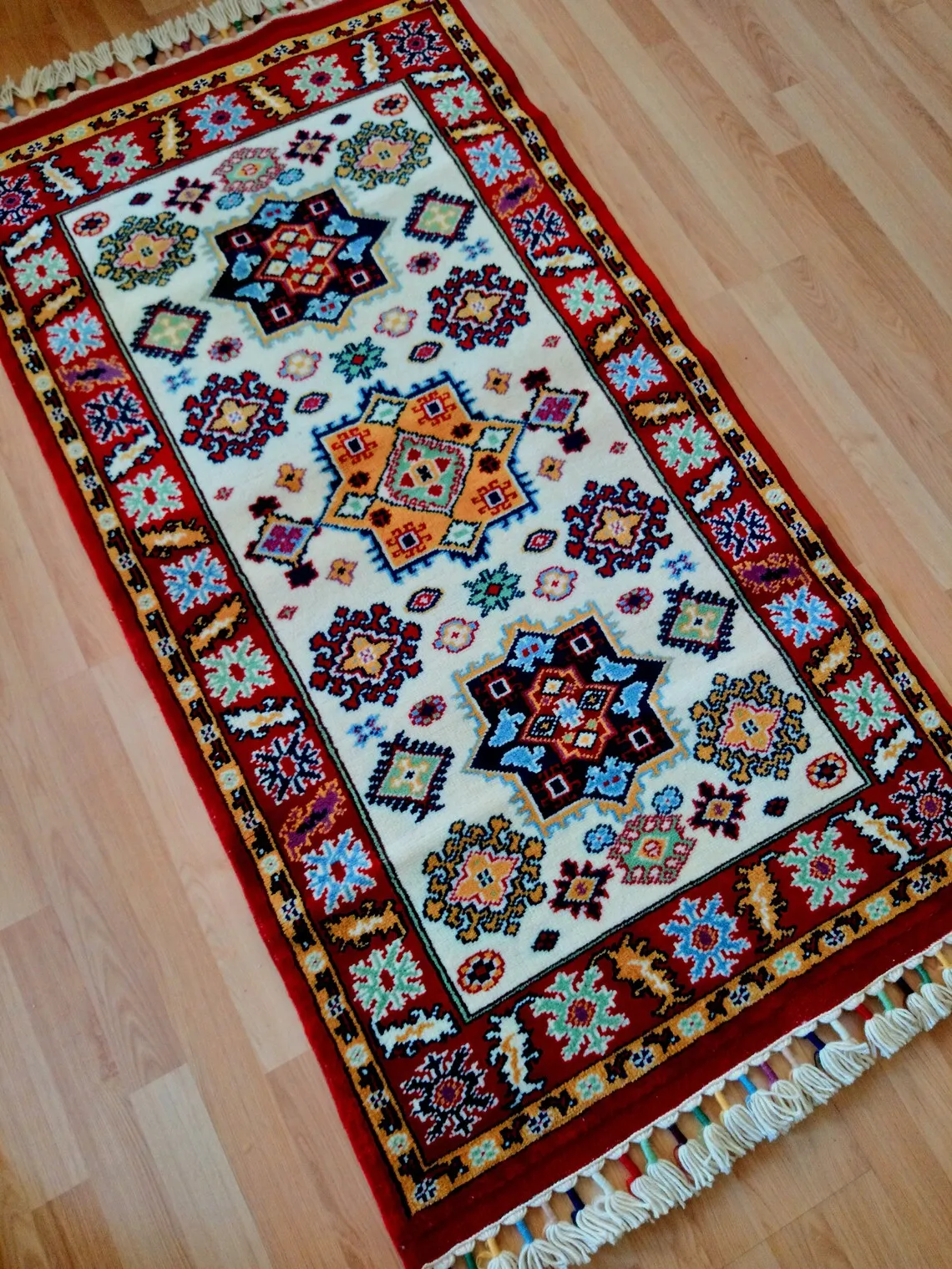 

Turkish Handmade Rug, Anatolian Hand knotted Red Small Rug, Sirvan Oriental Handwoven Wool Carpet