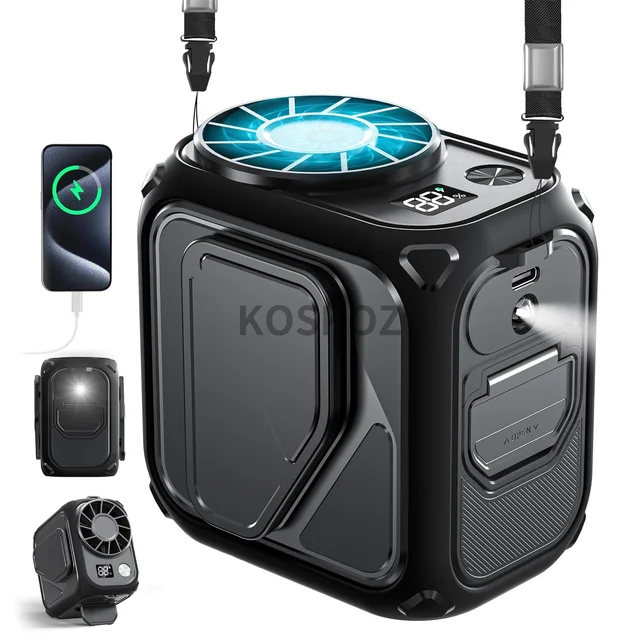 พัดลมแบบหนีบเอวแบบพกพา ไฟฉาย พัดลมใต้เสื้อเชิ้ตพร้อมความเร็ว 5 ระดับ พัดลมคล้องคอส่วนตัวแบบสวมใส่ได้แบบแฮนด์ฟรีสําหรับการเดินทางกลางแจ้ง 1