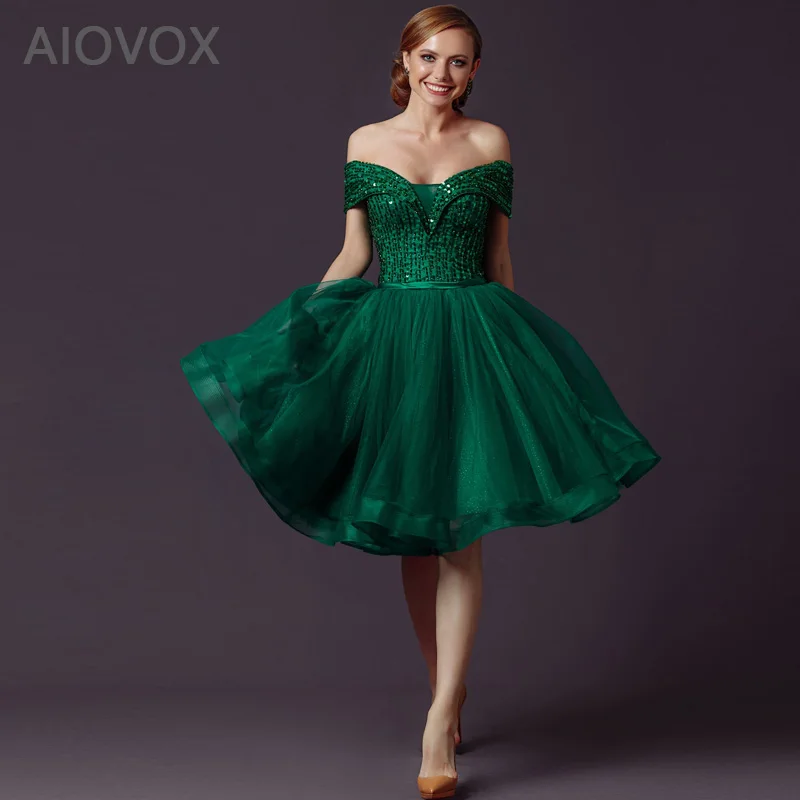 AIOVOX V-Neck Off The Shoulder Party Dresses For Women Sexy Sequins Tulle Cocktail Dresses A-Line Knee Length Vestidos De Noche