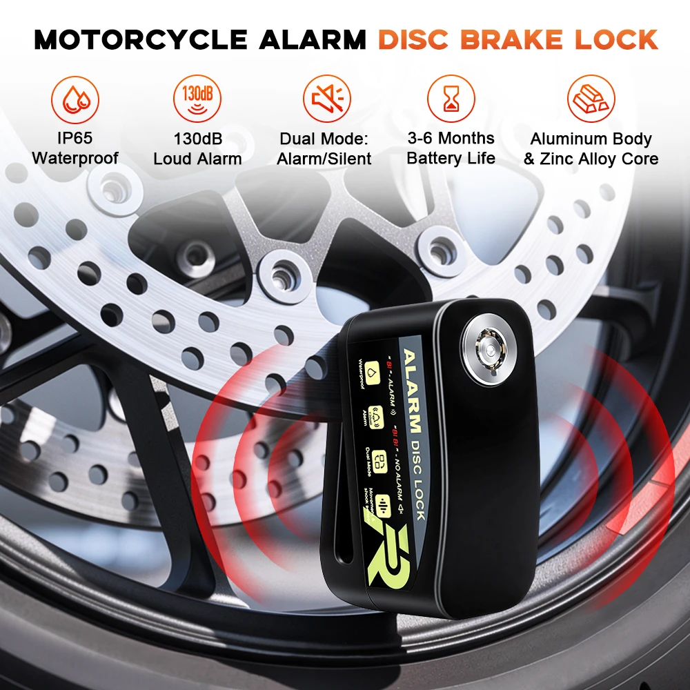 Rockbye Motorrad-Alarmschloss für Bremsscheiben, 130 dB, Diebstahlschutz, IP65, wasserdichter Alarm/geräuschlos, zwei Modi, Moto-Rad-Scheibenschloss – Detail 3