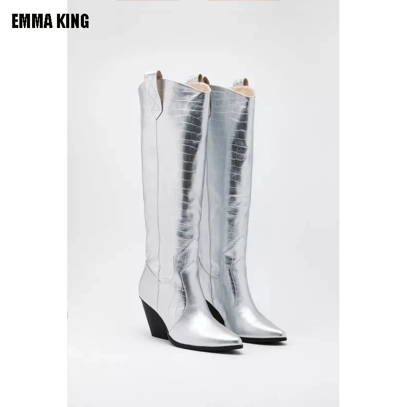 

2022 New Women Fall Knee High Boots Sliver Chunky Heels Pointed Toe Slip on Boots Women High Heel Party Shoes 44