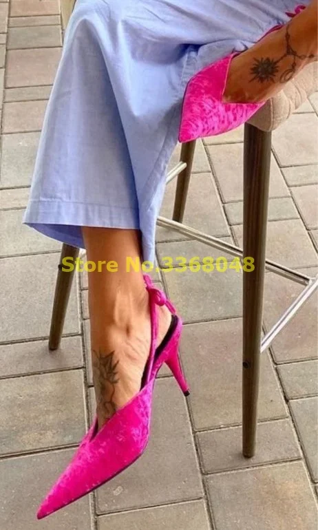 

Silk Rosy Slingback Pumps Sexy Pointed Toe Stiletto Thin High Heel Butterfly Knot Strap Slip On Fashion Girls Shoes