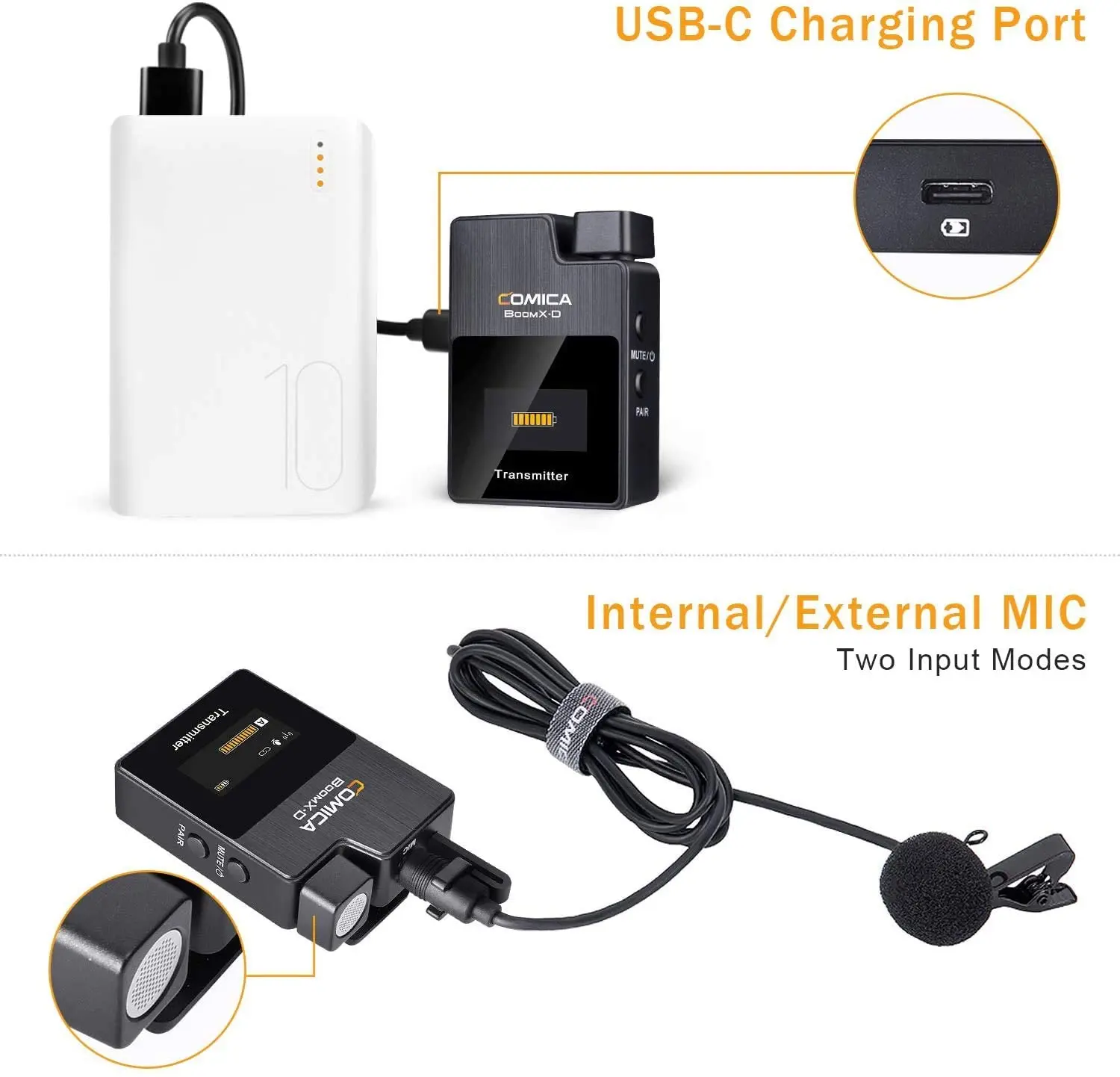 Micrófono inalámbrico Comica BoomX-D UC2 2.4G para teléfonos tipo C, micrófono Lavalier dual, 2 transmisores 1 receptor, micrófono Lav, para Samsung Galaxy Xiaomi HUAWEI, Podcast YouTube Facebook transmisión en vivo - Imagen 5