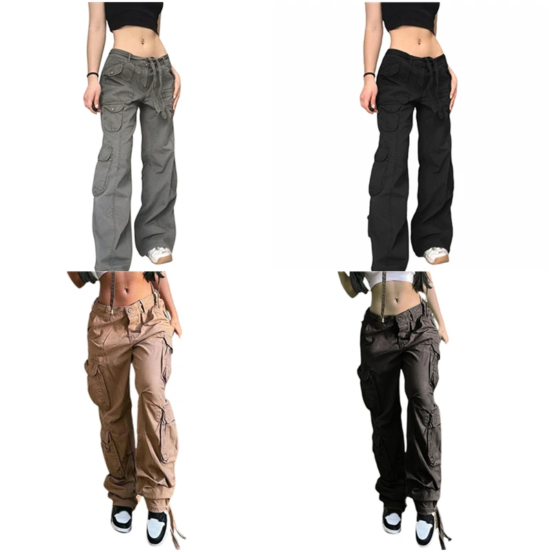 Xingqing – pantalon Cargo à grandes poches, taille basse, couleur unie, à la mode, pour femmes, jogging, Streetwear, Baggy, survêtement, y2k, 2000