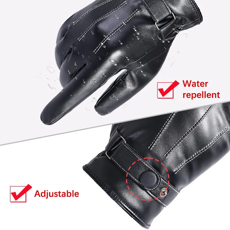 Men Winter PU Leather Black Gloves Button Warm Mittens Outdoor Sports Driving Skiing Men's Windproof Gloves Winter Supplies 6