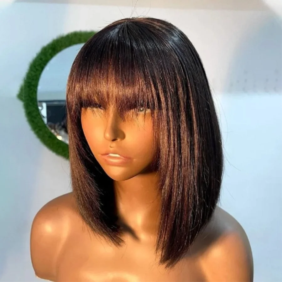 Short Bob Wig With Bangs 8-14 Inch Full Machine Made Bob Human Hair Wigs Silky Straight Brazilian