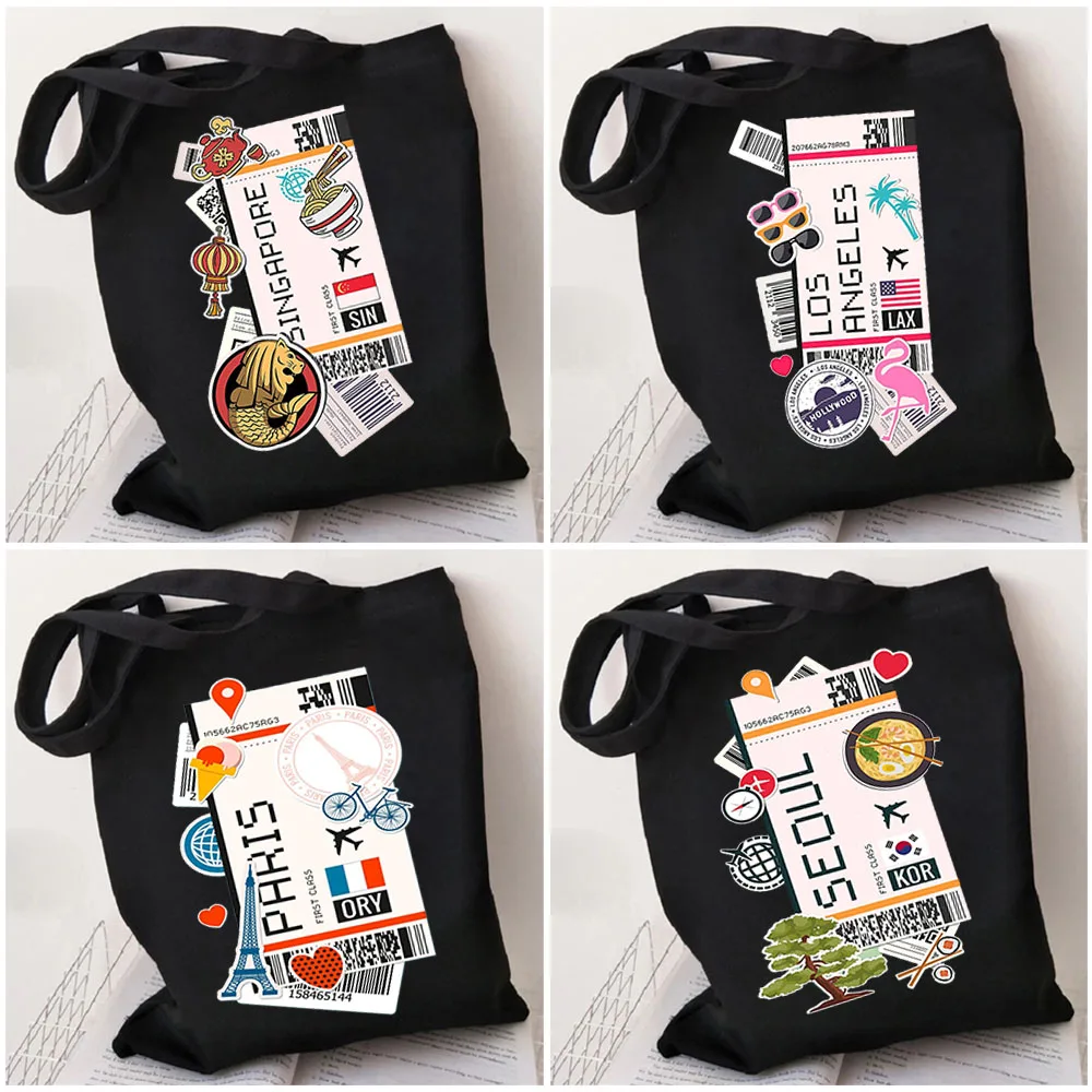 

Boarding Pass Singapore Seoul La Cairo Airplane Ticket Cute 3D Tokyo Printed Women Shopping Lady Black Shoulder Canvas Bag