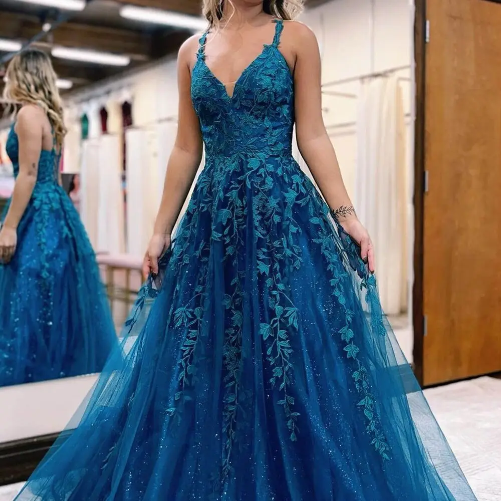 

Women's A-line Evening Dress Shiny V-Neck Lace Applique Prom Dress Tulle Spaghetti Straps Formal Occasion Dresses Women's Dresse