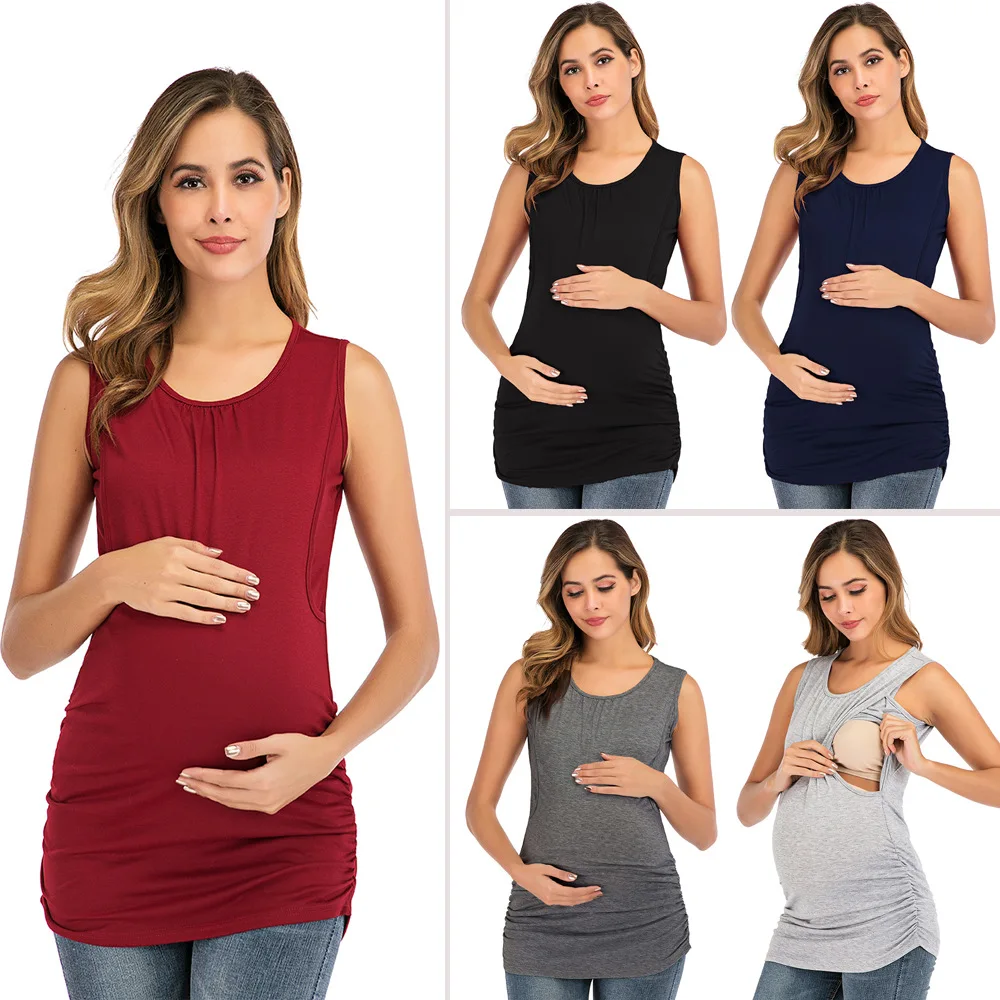 Maternity Sleeveless Breastfeeding Tees Tank Tops Summer Pregnant Women Nursing T-Shirt Pregnancy Clothing Plus Size Solid Color summer loose maternity sleeveless blouse square collar t shirt casual female vest tank tops shirts women s clothing plus size