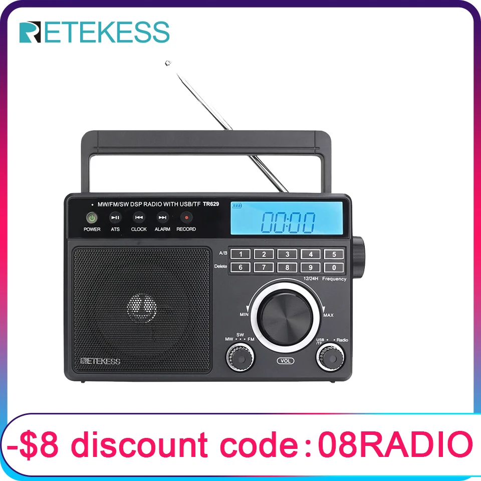 Retekess TR629 Portable Radios AM FM SW Rechargeable All Waves Radio Multiband Shortwave Full Band Radio Mp3 Speaker Alarm Clock