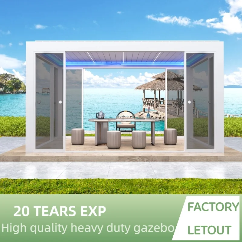 Freestanding Louvered Pergola with 6063T6 Heavy Duty Frame and Full Glass Enclosure for Year-Round Outdoor Use