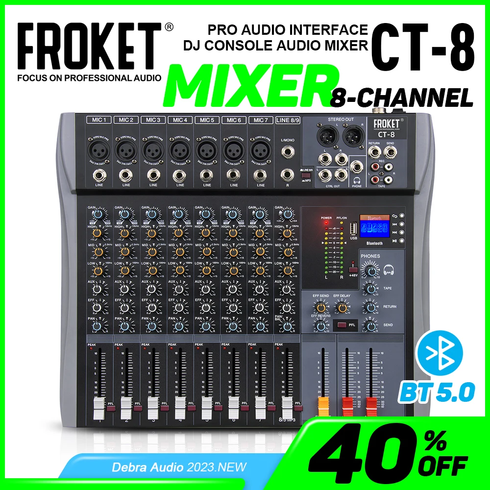 

Audio Mixer Froket CT-8 Professional 8-Channel Audio Interface, DJ Console with Bluetooth USB, Sound Mixing Console and Audio Co