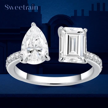 Sweetrain 1.5/2ct Waterdrop Moissanite Ring for Women 2Gems Pear&Emerald Cut Lab Diamond Band 925 Silver 18k Gold Plated Jewelry