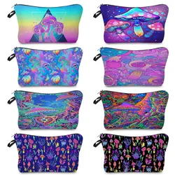 Psychedelic Mushroom Printed Cosmetic Bag Portable Zipper Pouch Latest Design Travel Organizer Makeup Bags Women's Toilet Bag