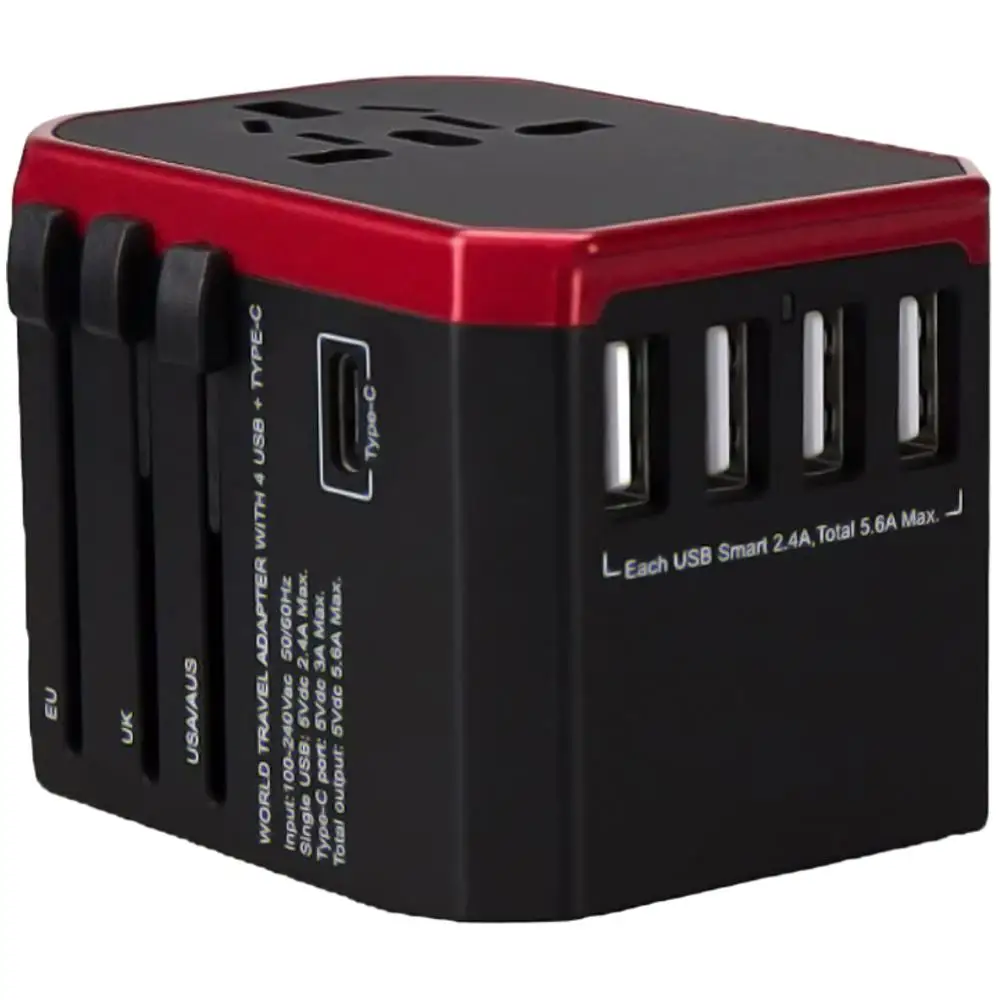 Adaptadores de Viaje, MXTVD-001, 1Pza, 100-240V, 50-60Hz, 5V 5.6A, EU/UK/USA/ AUS, Negro/Rojo., Cargadores de Viaje