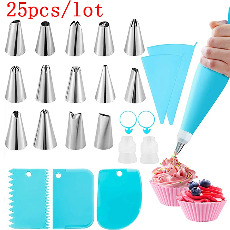 

25pcs Piping Bags And Tips Set Baking Cream Nozzle Reusable Pastry Tips Cake Decorating Tools For Cookie Icing Cake Decor