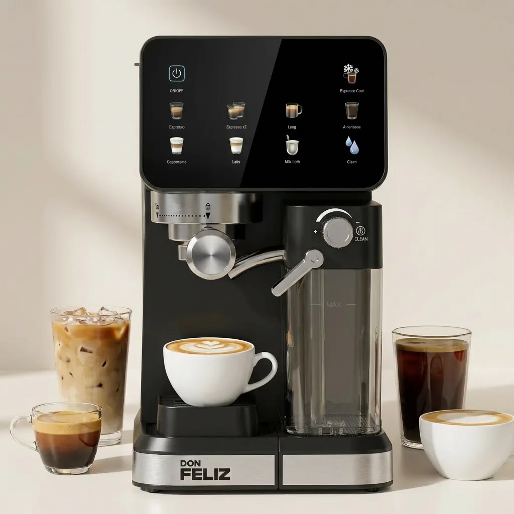 Cafetera Don Feliz Espresso 20 Bares Semiautomática, Tanque Leche 500ml, LCD, Autolimpieza, 1.5L, Ideal para Cappuccino y Freddo