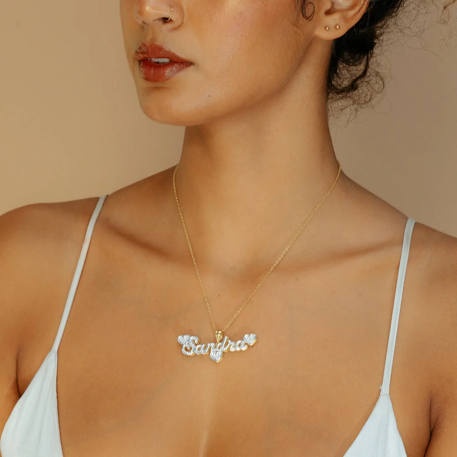 The Lovely Double Plated Name Necklace With Small Heart Custom 3D Nameplate Pendant Jewelry Gift  For Women