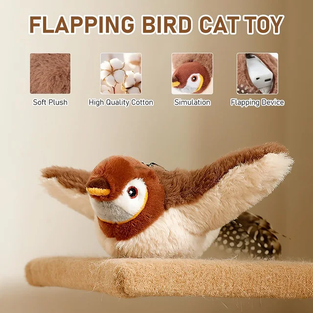 Toy For Cat Bird Rechargeable Electric Flapping Wings Bird Cat Toy Sound Chirping Bird Catnip Touch Activated Plush Toy 2