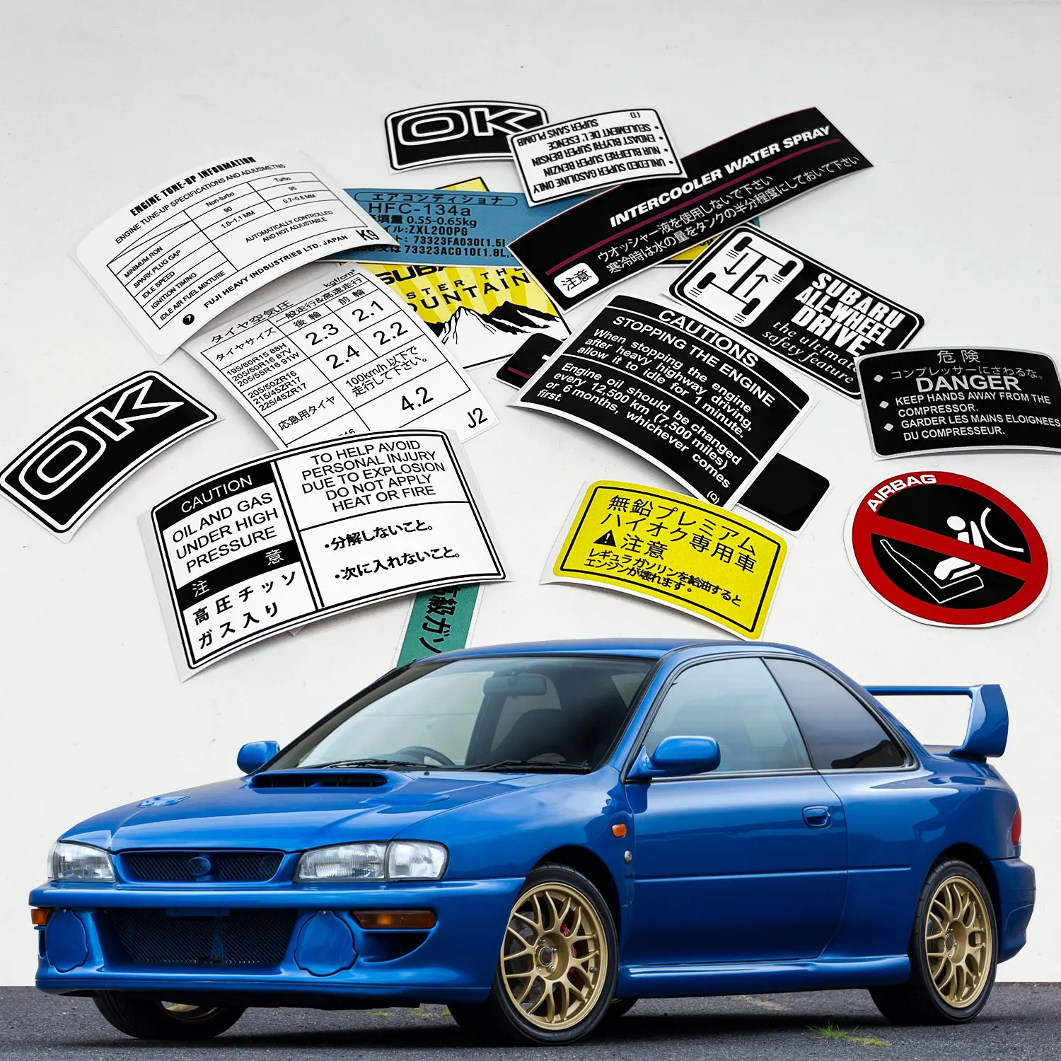 

SUBARU GC8 IMPREZA WRX STI 22B UNDERBONNET CAR RESTORATION WARNING STICKERS EMBLEM JDM