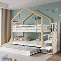Lit superposé en forme de maison Comanlai avec escalier rangement et tiroir-lit, bois blanc/naturel, barrières de sécurité, lit triple 1