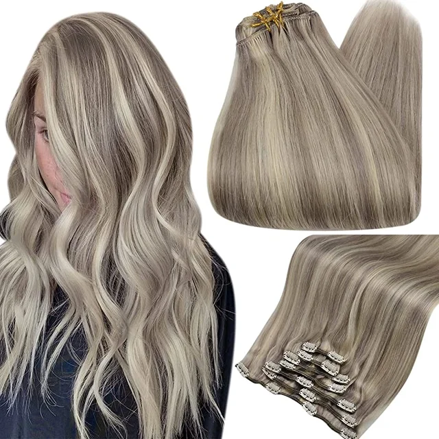 Full Shine Clip In Human Hair Extensions Balayage Ombre Blonde Black Hairpins 7pcs 120g Double Weft 100% Machine Remy For Woman Grey p60