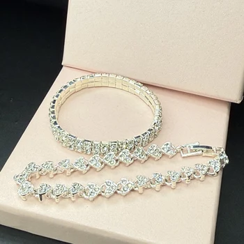 Two-Pcs Fashion Bracelet Set Double-Row White Stone Bracelet with High-Quality Gold-Plated Heart-Shaped Bracelet Party Gift Jewe