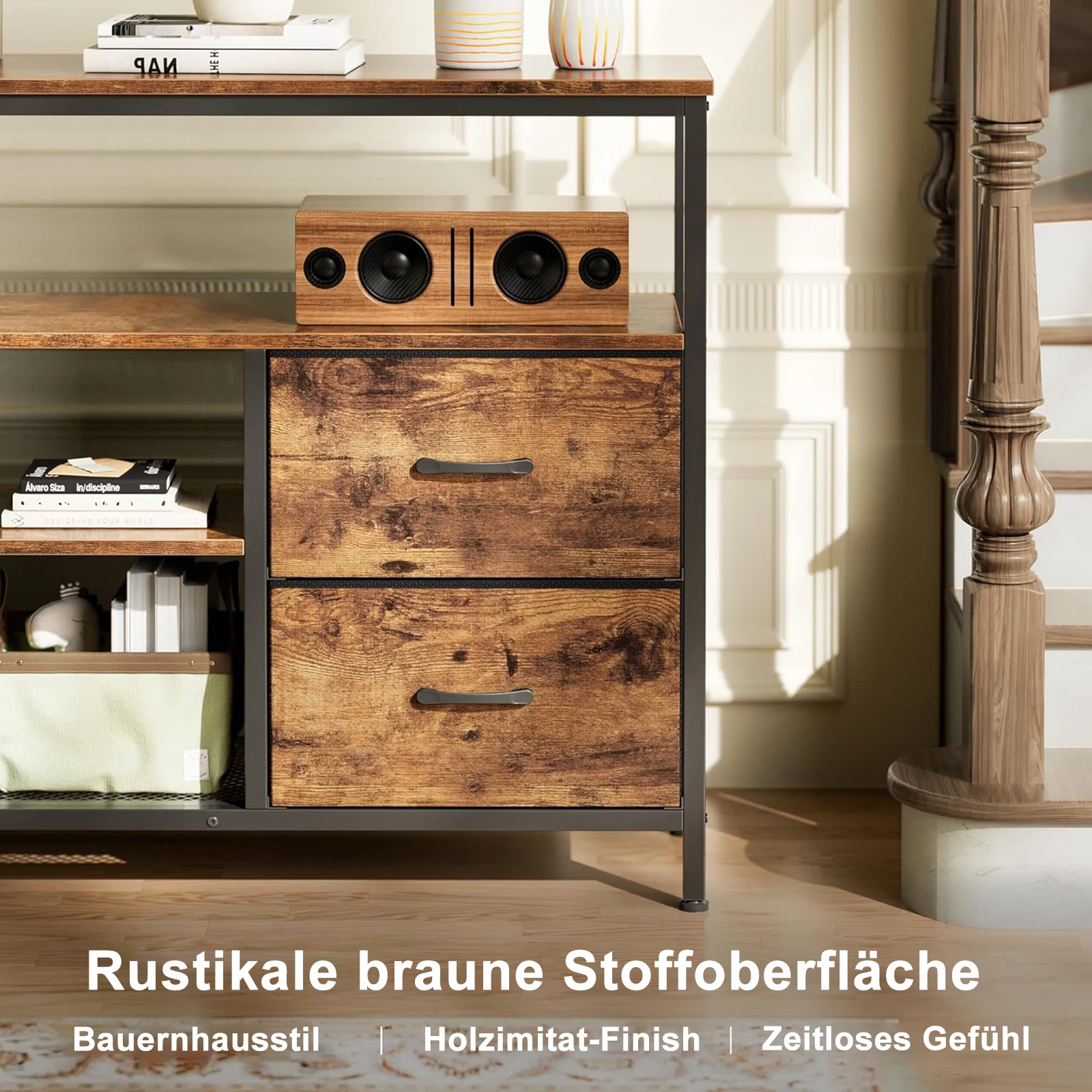 TV-Ständer aus Holz mit 4 Stoffschubladen, offenen Regalen, LED-Beleuchtung, Kommode, Medienkonsolentisch für Wohnzimmer und Schlafzimmer – Detail 3