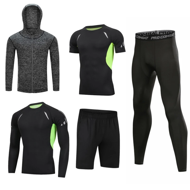 Men's Workout Clothes Athletic Shorts Shirt Set 5 in1 for Basketball Football Exercise Training Running Gym Compression Suits 5