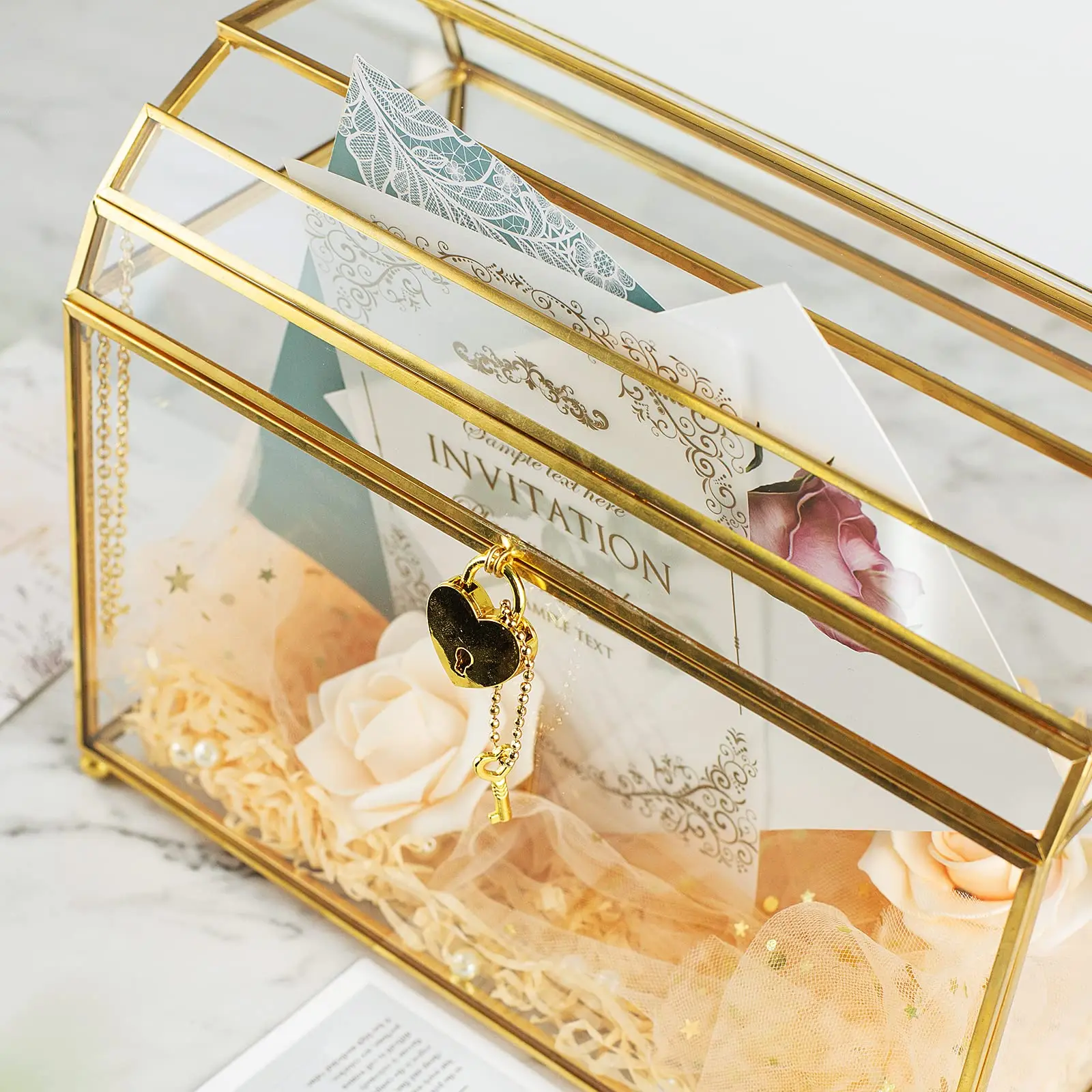 Gold Glass Card Box, Large Wedding Card Holder, Handmade Terrarium