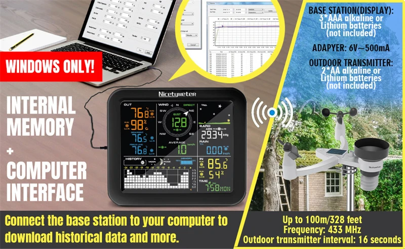 Aa5ecc76f79c64f968c1ca73e8c92a367I 0345 Indoor Outdoor Wireless Weather Station 5 in 1 Temperature and Humidity Wind Speed Direction Rainfall with Digital Display