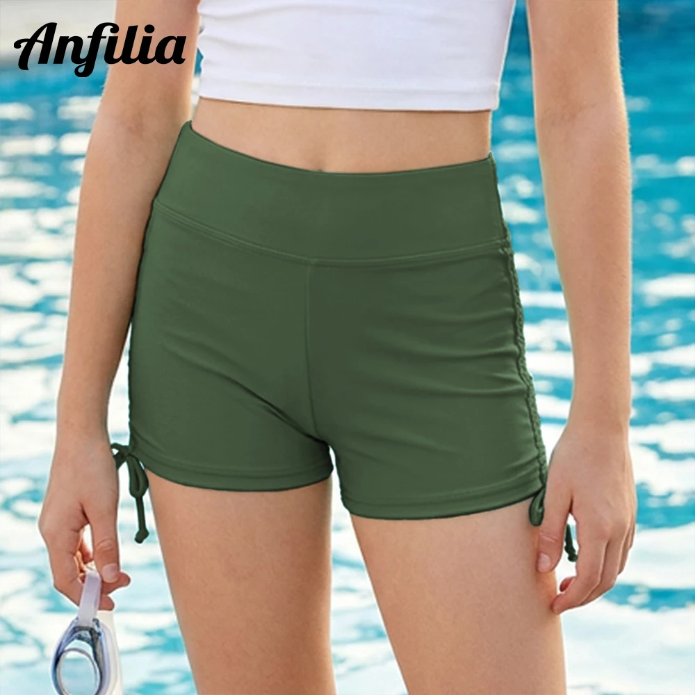 Anfilia Girls 하이 웨이스트 러치드 사이드 드로스트링 수영 반바지 편안..
