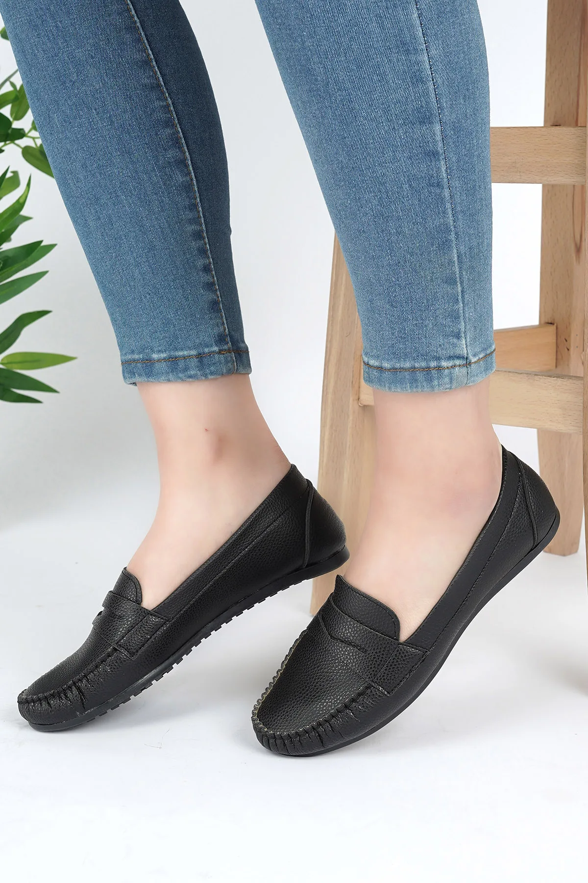 

2021YAZ SEASON LADY CASUAL ELEGANT FLAT SLIP-RESISTANT OUTSOLE ARTIFICIAL LEATHER LOAFER SHOES BLACK