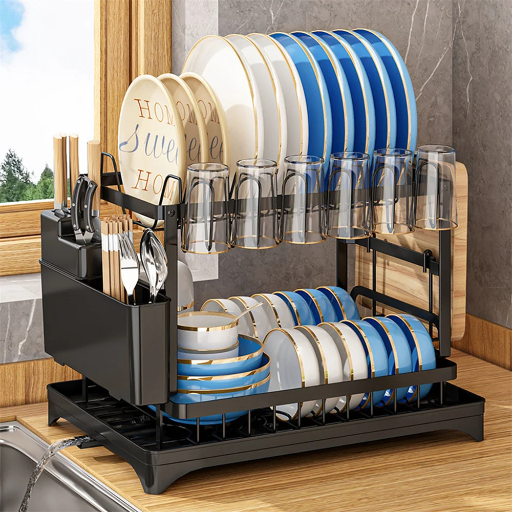 Estante de secado de platos para ahorro de espacio, soporte de almacenamiento de platos para el hogar, organizadores de cocina, almacenamiento con escurridor, encimera, 2 capas