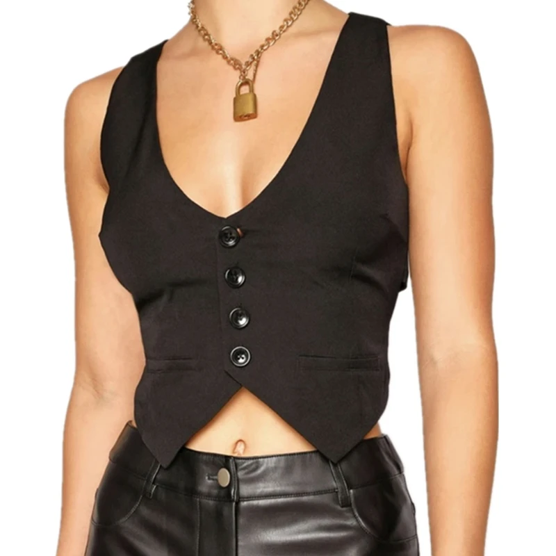 y2k PU Leather Vest Vintage Aesthetic Women V Neck Sleeveless Button Tank Tops 2000s Dark Academia Tshirt Waistcoat