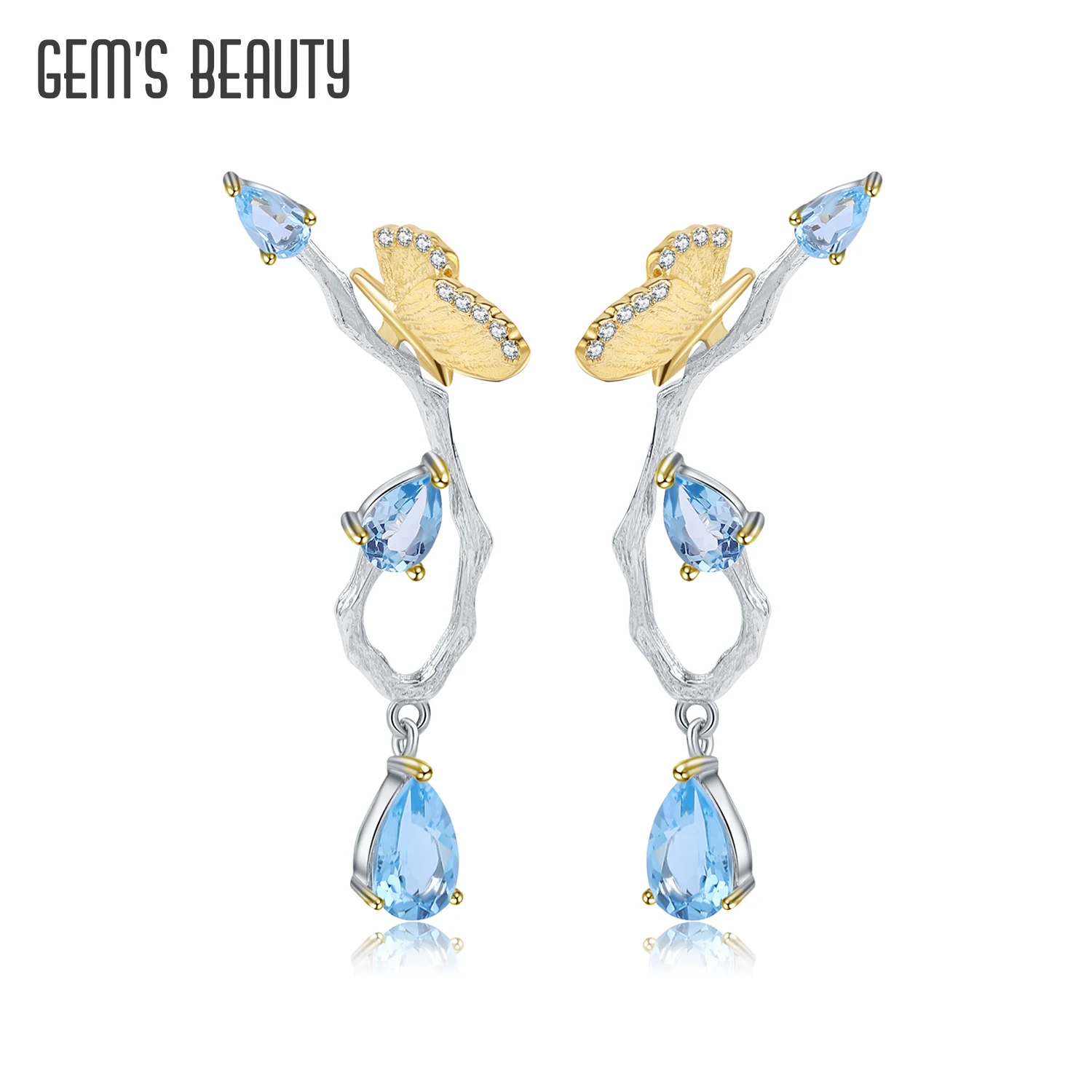 

GEM'S BEAUTY Butterfly On Branch Natural Swiss Blue Topaz Earrings Original Design 925 Sterling Silver Drop Earrings for Women