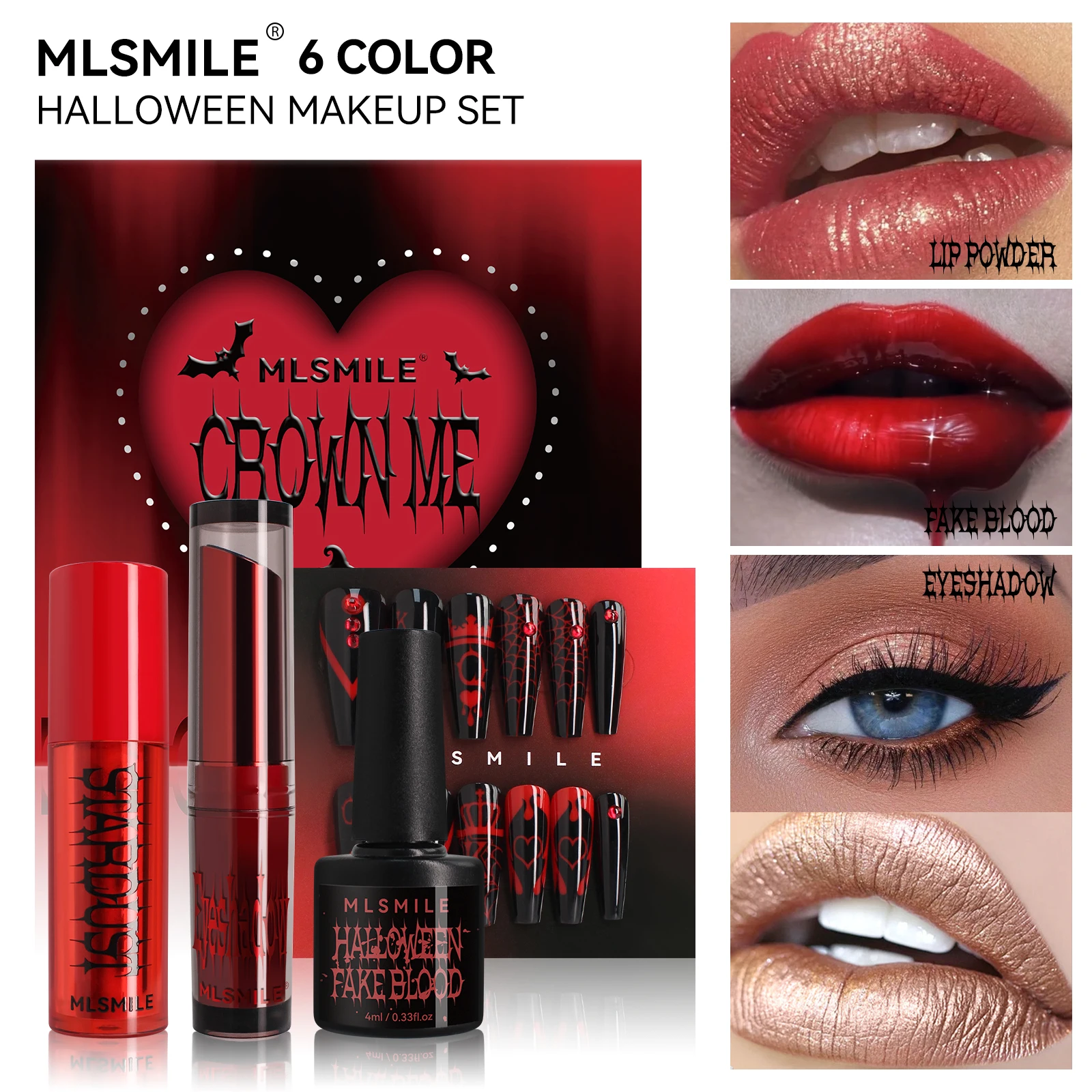 Halloween Makeup Set Blood Lipstick, Pink Eyeshadow Combo with Nail Art & Tools Complete Halloween Cosmetics Kit