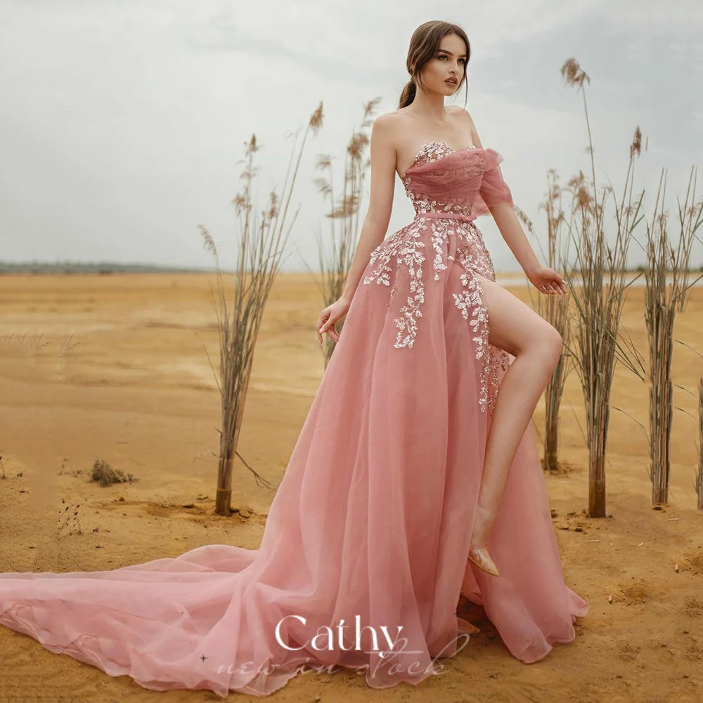

Cathy Sexy Strapless Party Dress Rose Pink Evening Dress Lace Embroidery Evening Dress Tulle Sweep Tail Prom Dress فستان سهرة