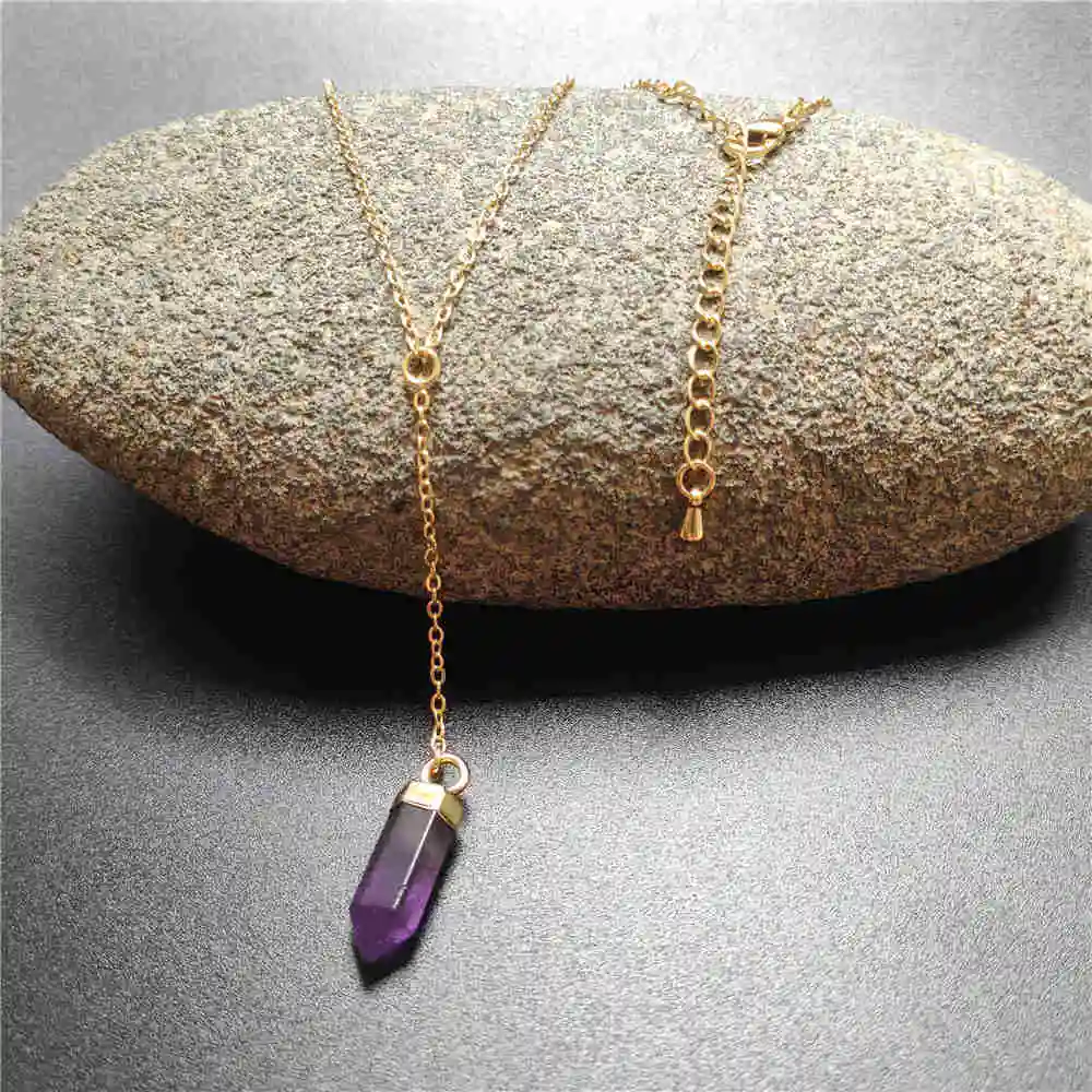 FUWO Wholesale Natural Crystal Quartz Neckace,Cute Y Shape Chain Crystal Piont With Golden Chain Jewelry 5 Pcs/Lot NC125Y