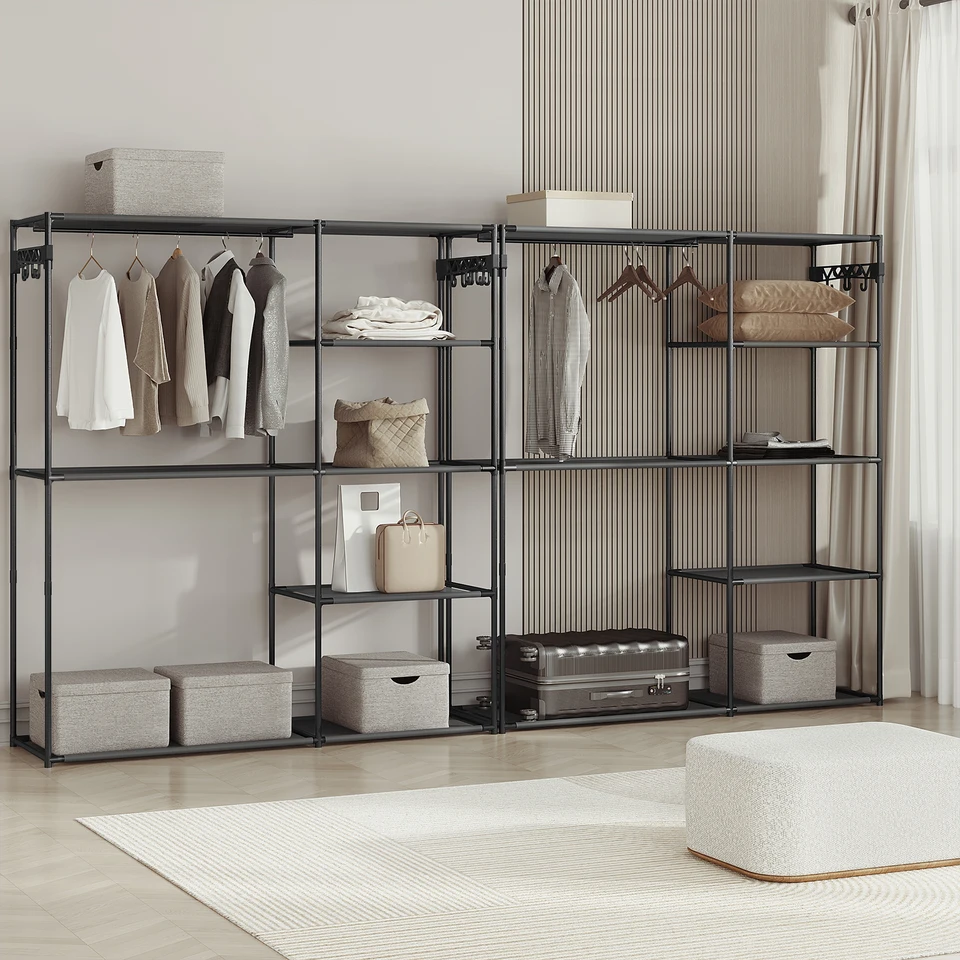 WOLTU Stand Appendiabiti con Ruote, Doppia Asta Appendiabiti, Rella Appendiabiti, Altezza e Larghezza Regolabile, per Camera da Letto Soggiorno,(75,5–151,5) x(94–171) x42 cm, Argentato+Bianco