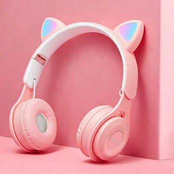 Cuffie a forma di orecchie di gatto con tecnologia wireless, effetto di illuminazione RGB, BT 5.0 con bassa latenza, batteria a lunga durata, come regalo.